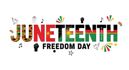 Juneteenth freedom day celebration with panafrican flag, music notes, and fist isolated on white background