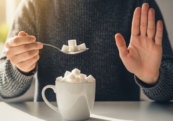 Person refusing sugar cubes from spoon to avoid unhealthy sweet drinks and food © JPG & PNG Collection