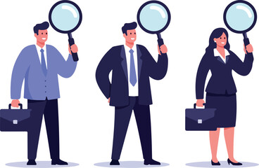 Business People Holding Magnifying Glasses for Research Flat Design Vector