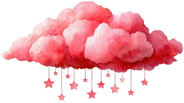 Pink cloud with hanging stars illustration on white background.