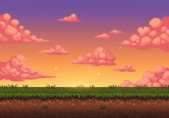 Vibrant dusk horizon with red and purple clouds over grassy field pixel art