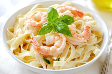 Bowl of delicious shrimp fettuccine pasta, topped with rich Alfredo sauce and fresh green basil leaves