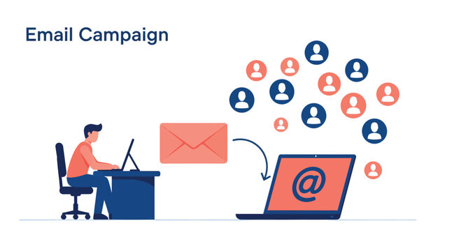 Man sending email campaign to group of people from his laptop in office, representing digital marketing and communication strategy, in modern style.