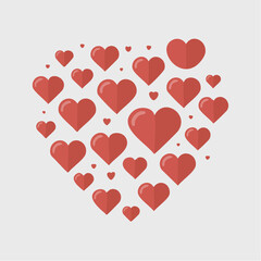 A collection of red hearts of various sizes arranged in a larger heart shape on a light background, symbolizing love and affection in flat design.