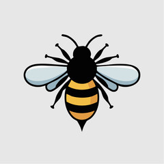 A simple, stylized illustration of a bee with black and yellow stripes and light blue wings, viewed from above.