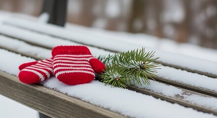 Red and white striped mittens resting on snowcovered park bench next to evergreen sprig during a cold winter day, evoking feelings of warmth and holiday cheer.
