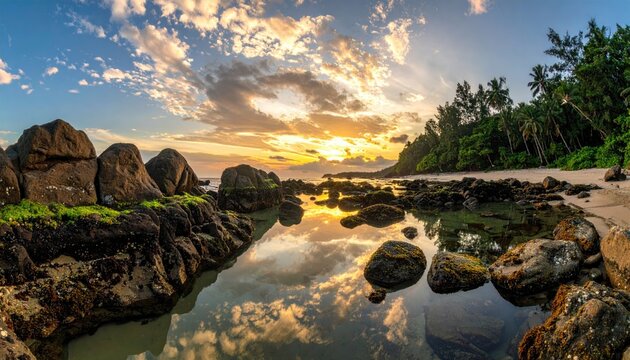 Tropical Beach Sunset with Rocky Shoreline and Lush Greenery Reflecting Golden Sunlight