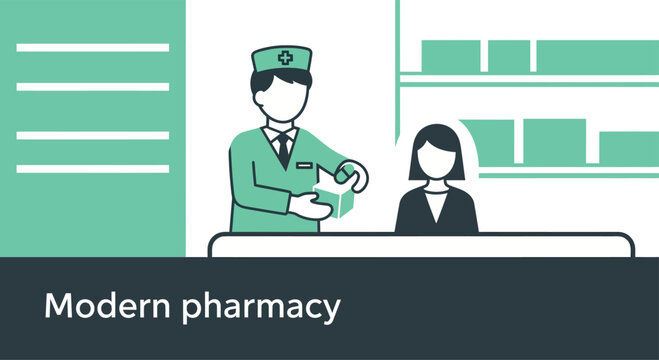 Pharmacist assisting customer at pharmacy counter in modern store with shelves and clean aesthetic, conveying trust and healthcare professionalism. - Powered by Adobe