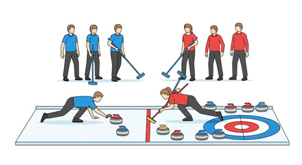 Curling game players sweeping ice to guide stones toward target