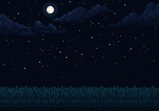 Peaceful starlit night over grassy plain pixel fantasy background