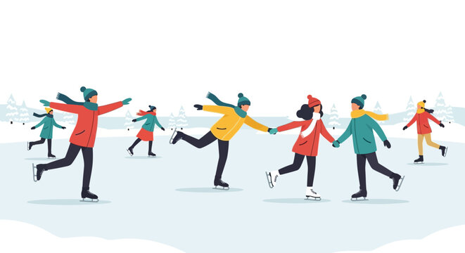 Ice skaters glide on an outdoor rink surrounded by snowy trees on a winter day