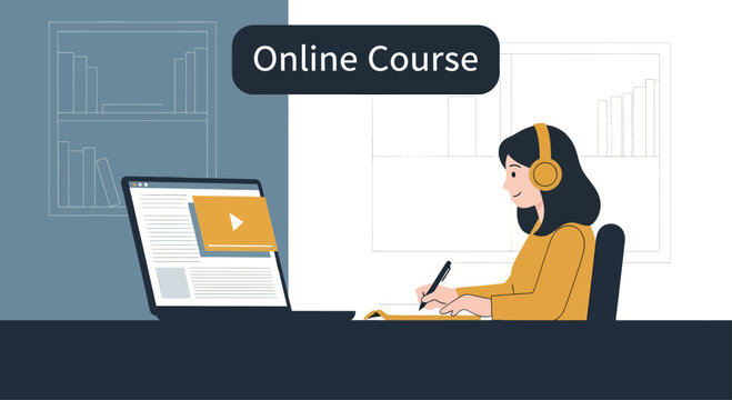 Woman studying online course on laptop at desk in home office, taking notes and wearing headphones, creating a focused and productive atmosphere.