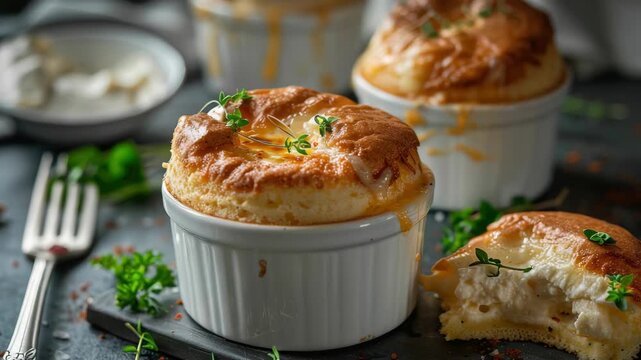 Freshly baked souffles in white ramekins on dark surface with garnish