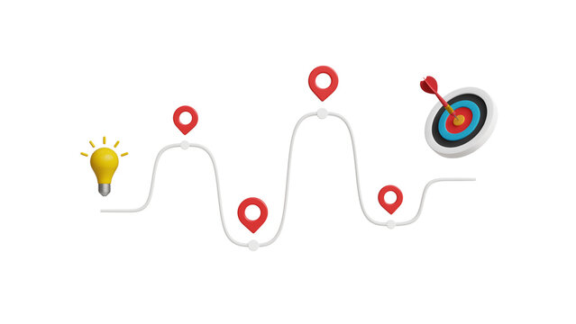 Business and project roadmap. Strategic planning process, working progress, steps in a project or waypoint icon, goal achievement. Roadmap with target goal. 3D Transparent or PNG