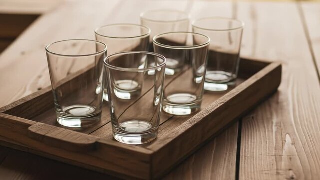 Six empty glasses on wooden tray and table, barware and glassware concept.