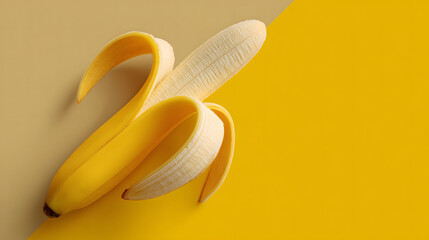 A vibrant image of a peeled banana on a yellow background, showcasing freshness and the concept of healthy eating. The banana is placed against a yellow backdrop 