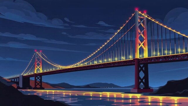 Animated Bay Bridge at Night: Cityscape, Reflections, and Vibrant Lights