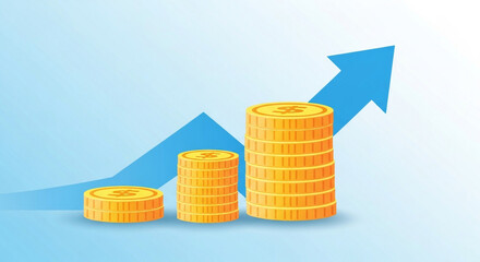Stack of coins with arrow pointing upwards showing financial growth concept