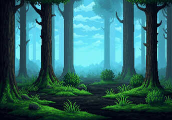 Dark enchanted pixel forest with glowing mist and mysterious atmosphere