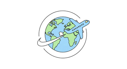 Airplane flying around the world, travel and tourism isolated on white background