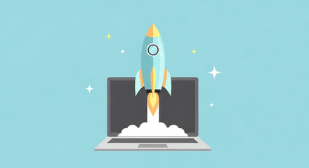 Startup rocket launching from laptop screen isolated on a light blue background