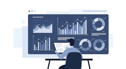 Man analyzing business data charts and graphs isolated on white background
