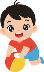 Happy child playing with colorful beach ball, smiling toddler in red shirt, active kid fun, cartoon illustration, white background