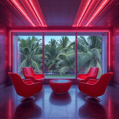 A futuristic lounge features neon lighting and red and orange chairs, with a large window showcasing palm trees and a pink glow from ceiling fixtures.