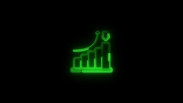 Green Neon Outline of Bar Chart with Upward Trend and Downward Arrow on Black Background graph statistics
