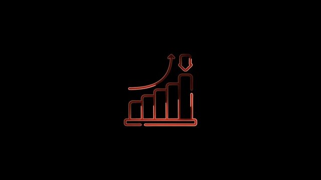 Reddish- Orange Neon Outline of Bar Chart with Upward Trend and Downward Arrow on Black Background graph