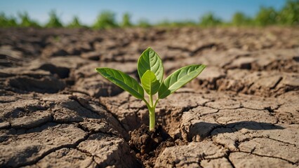 Green Plant Growing on Dry Cracked Soil as a Symbol of Hope and Sustainability