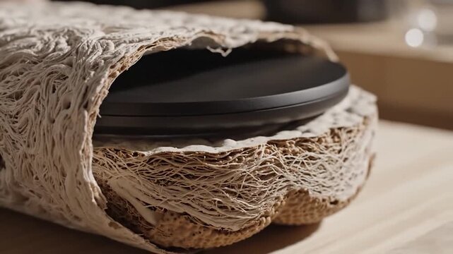 Organic textured material covering hidden circular object revealing detail natural packaging concept design macro view