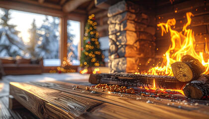 Cozy cabin interior featuring a roaring fireplace with burning logs, a Christmas tree in the background, and a snowy landscape visible through the window.