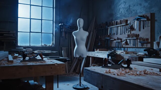 Mannequin Standing in a Woodworking Shop With Tools and Wood, Moody Lighting
