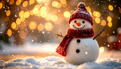 A cheerful snowman wearing a red hat and scarf amidst a snowy, festive scene with bokeh lights.