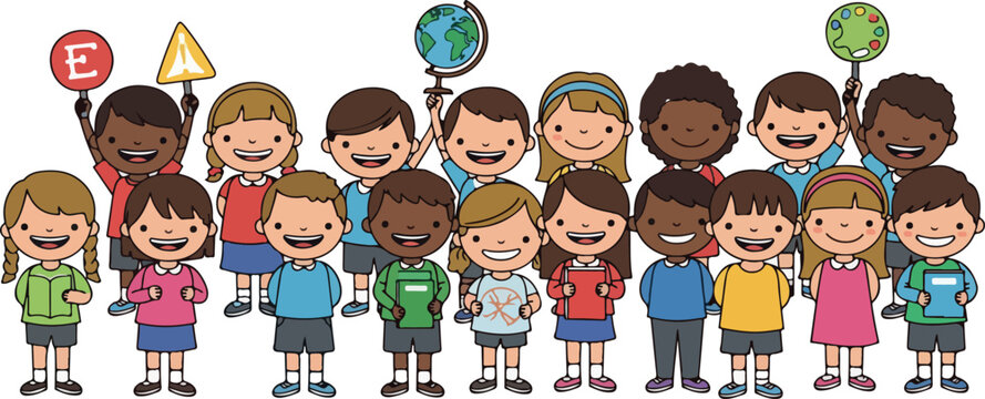 Diverse Happy Children Holding Education Symbols White Background