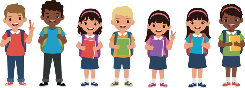 Diverse Kids With Backpacks And Books Pixel Art Style