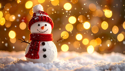 A cheerful snowman with a red hat and scarf stands in a snowy scene, illuminated by festive golden lights.