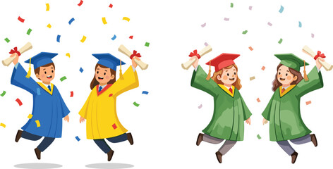 Graduation celebration, happy students, diploma success, academic achievement, colorful confetti, university ceremony, joyful graduates, education milestone, cap and gown, festive mood