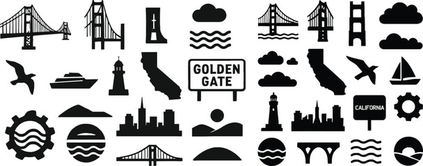 Golden Gate Bridge California Solid Silhouette Icons Set on White Background