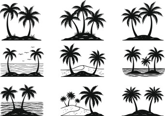 Tropical palm tree silhouette collection featuring diverse shapes, curved trunks, leaf styles, black icons for summer, beach, nature, design