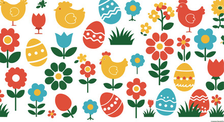 Easter Chickens Flowers Eggs Abstract Pixel Art Pattern Colorful