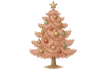 Pink christmas tree with vintage ornaments and star topper, celebrating holiday season with modern festive decoration