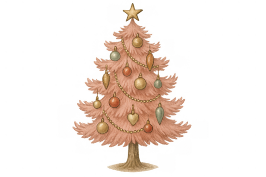 Pink christmas tree with vintage ornaments and star topper, celebrating holiday season with modern festive decoration