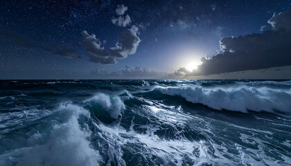 Dramatic ocean waves crash under a night sky filled with stars and illuminated by the moon, creating a dynamic and powerful seascape.