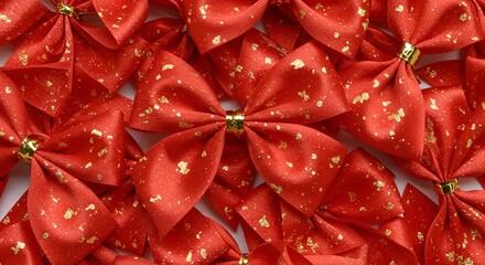 A collection of bright red satin bows with glittering gold accents are closely grouped together.