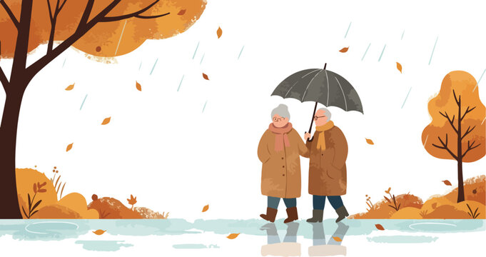 Elderly Couple Walking Under Umbrella Autumn Rain Minimalist Pixel Art Style - Powered by Adobe