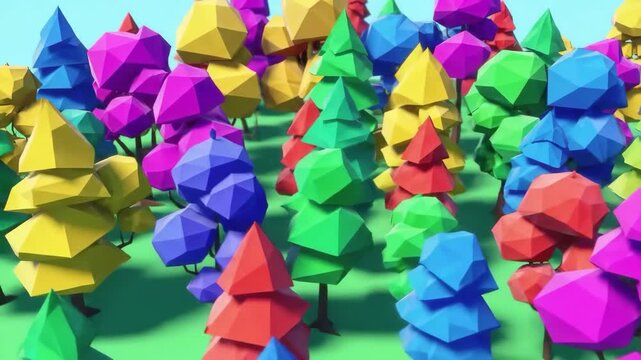 Abstract 3D forest of colorful trees with polygonal shapes, a vivid art for design