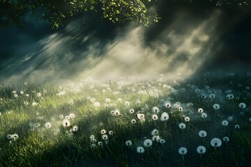 A morning mist rolling over grass with dandelions catching the light 
