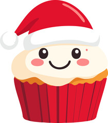 Cute cartoon cupcake with white frosting and a happy face, wearing a red Santa hat, in a red wrapper, celebrating Christmas.